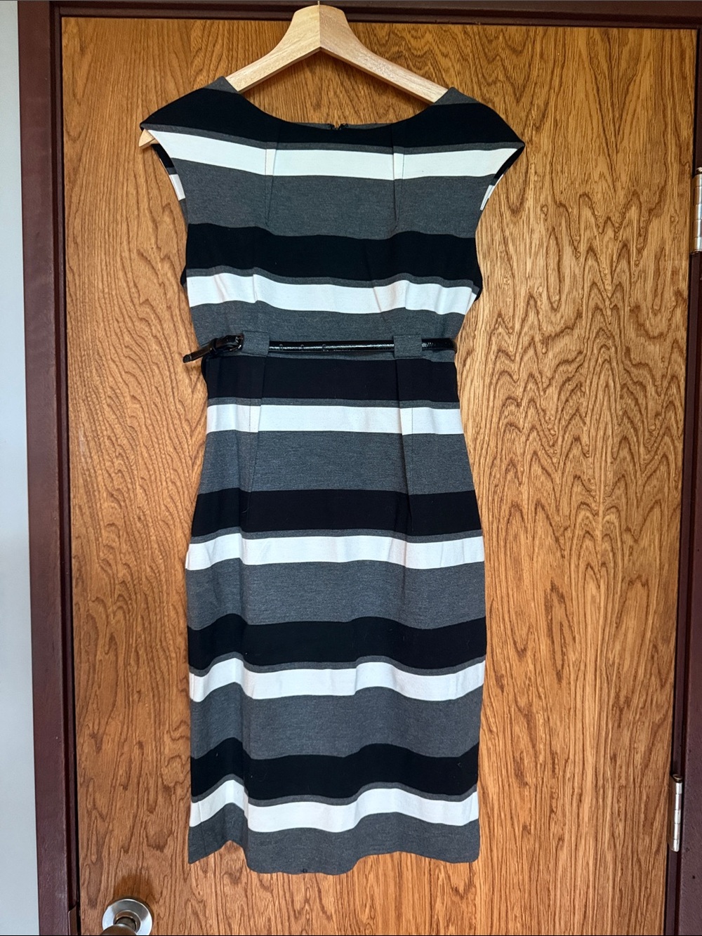 Calvin Klein Black, Gray & White Striped Midi Sheath Dress